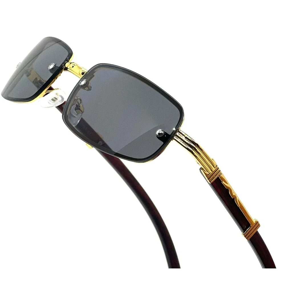 Rimless Rectangle Sunglasses Gold Frame Wood Arms Vintage Style‎ Fashion Lentes